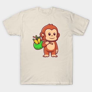 Cute Monkey Bring Banana With Bag Cartoon T-Shirt